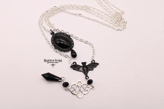 Bat Cameo Two Layered Rosary Necklace