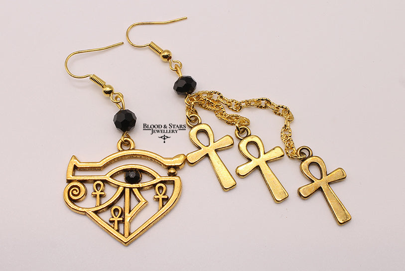 Gold Eye Of Horus Ankh Mismatched Earrings