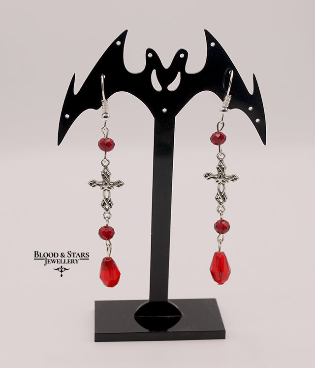 Gothic Cross Teardrop Black Red Earrings