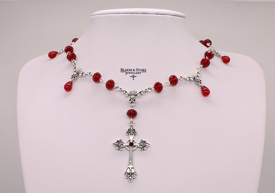 Ornate Cross Red Gothic Necklace
