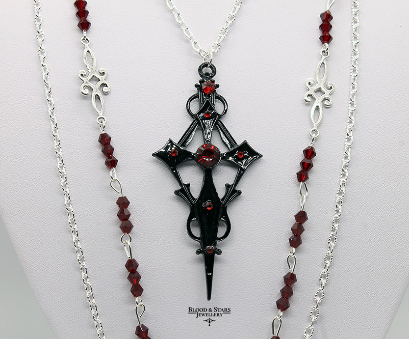 Gothic Black Cross Layered Vampire Bat Necklace
