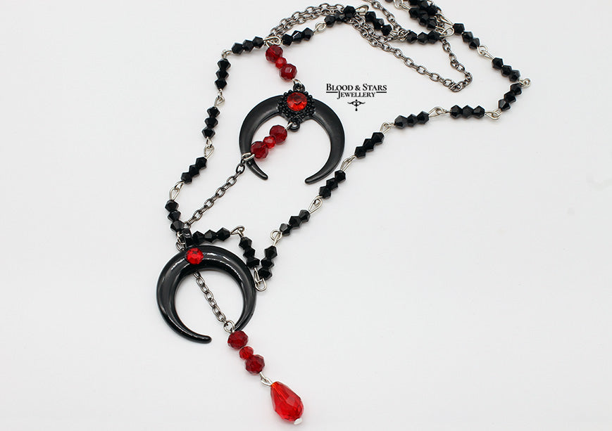 Crescent Black Silver Moon Layered Necklace