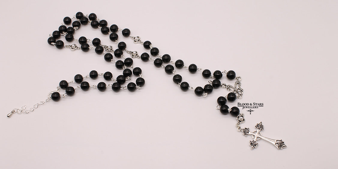 Large Beaded Gothic Rosary Cross Necklace