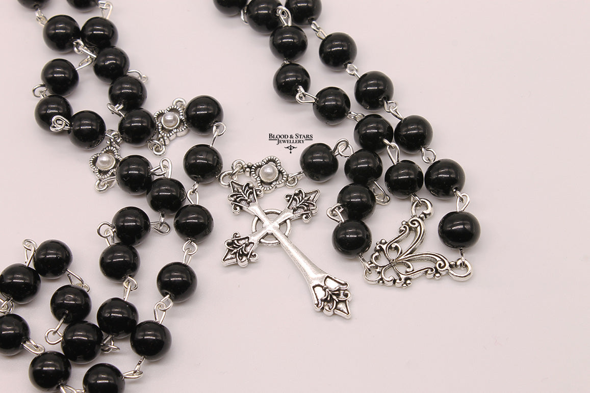 Large Beaded Gothic Rosary Cross Necklace