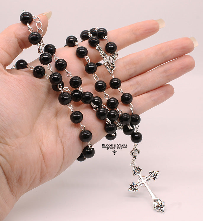 Large Beaded Gothic Rosary Cross Necklace
