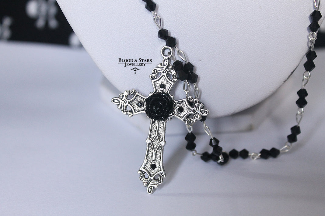 Long Rosary Necklace With Small Cross