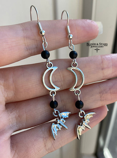 Sparkly Bat Crescent Moon Earrings