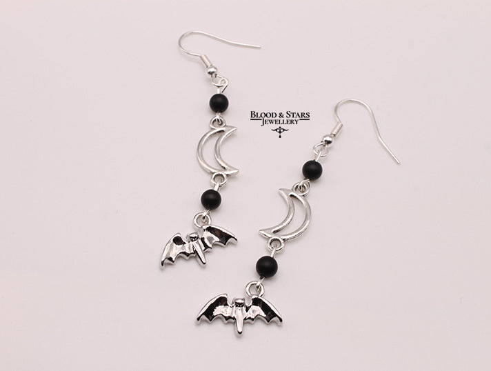 Sparkly Bat Crescent Moon Earrings