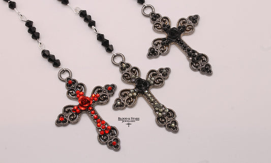 Gunmental Cross Rose Rosary Necklace