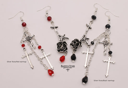 Rose Cross Mismatched Long Beaded Earrings