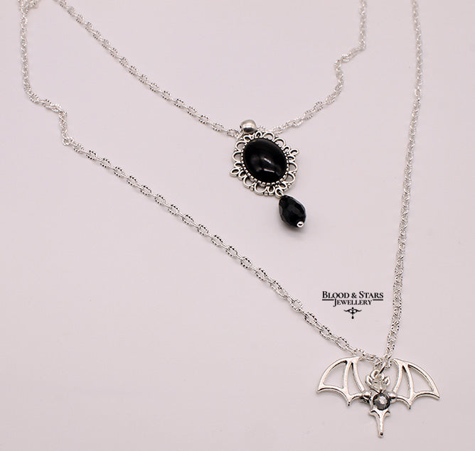 Silver Bat Cameo Two Layered Crystal Necklace
