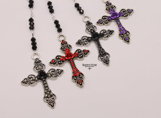 Silver Cross Rose Rosary Necklace